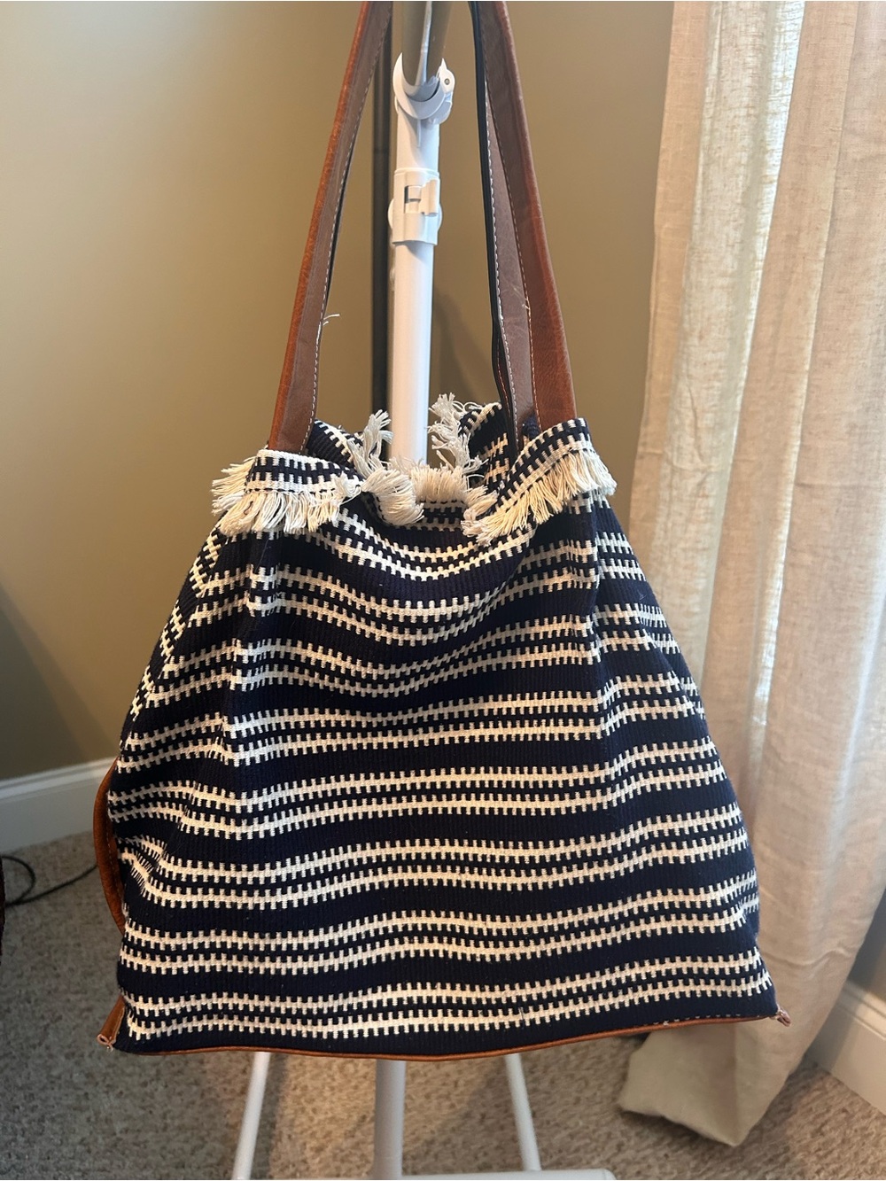 Sondra Roberts Navy and Cream  Striped Fringe Tote with Brown Handles